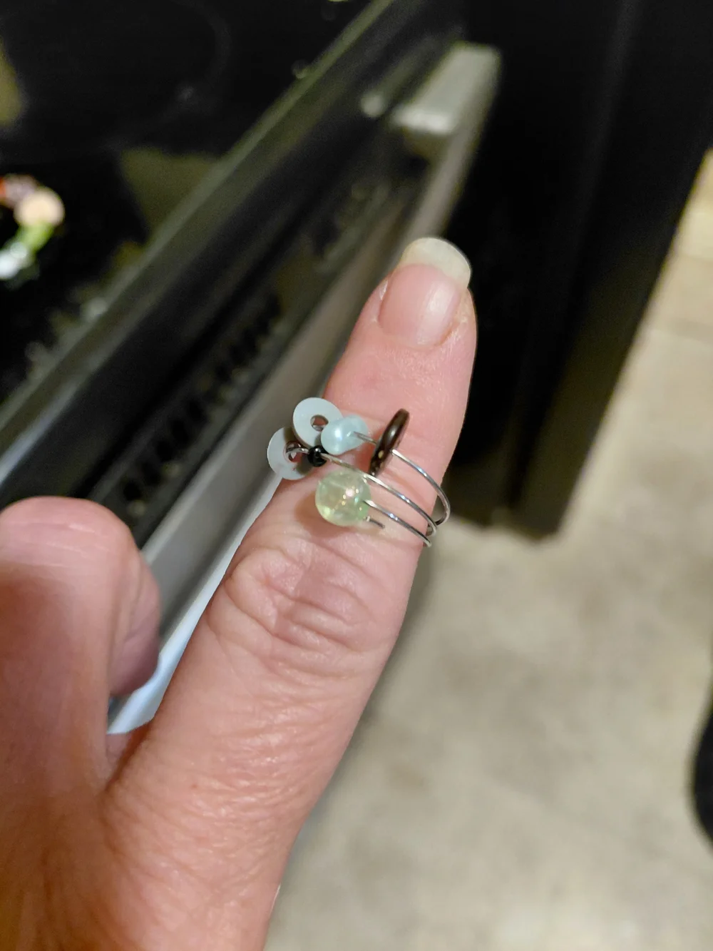 Adjustable Triple-Wire Ring with Mint Green Bead and Pearl Accents